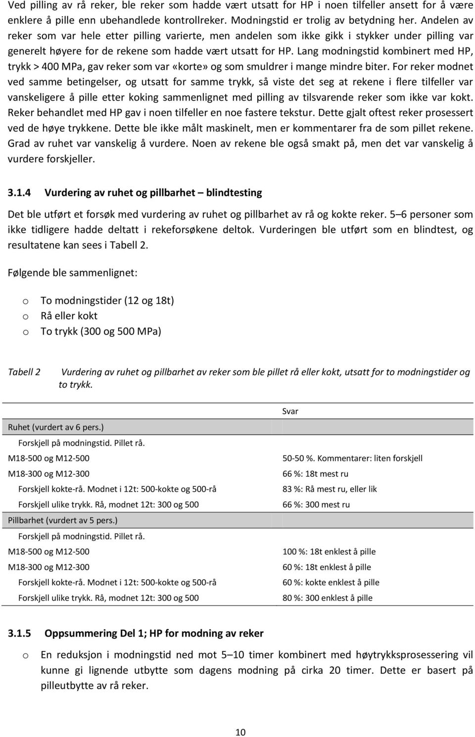 Lang modningstid kombinert med HP, trykk > 400 MPa, gav reker som var «korte» og som smuldrer i mange mindre biter.