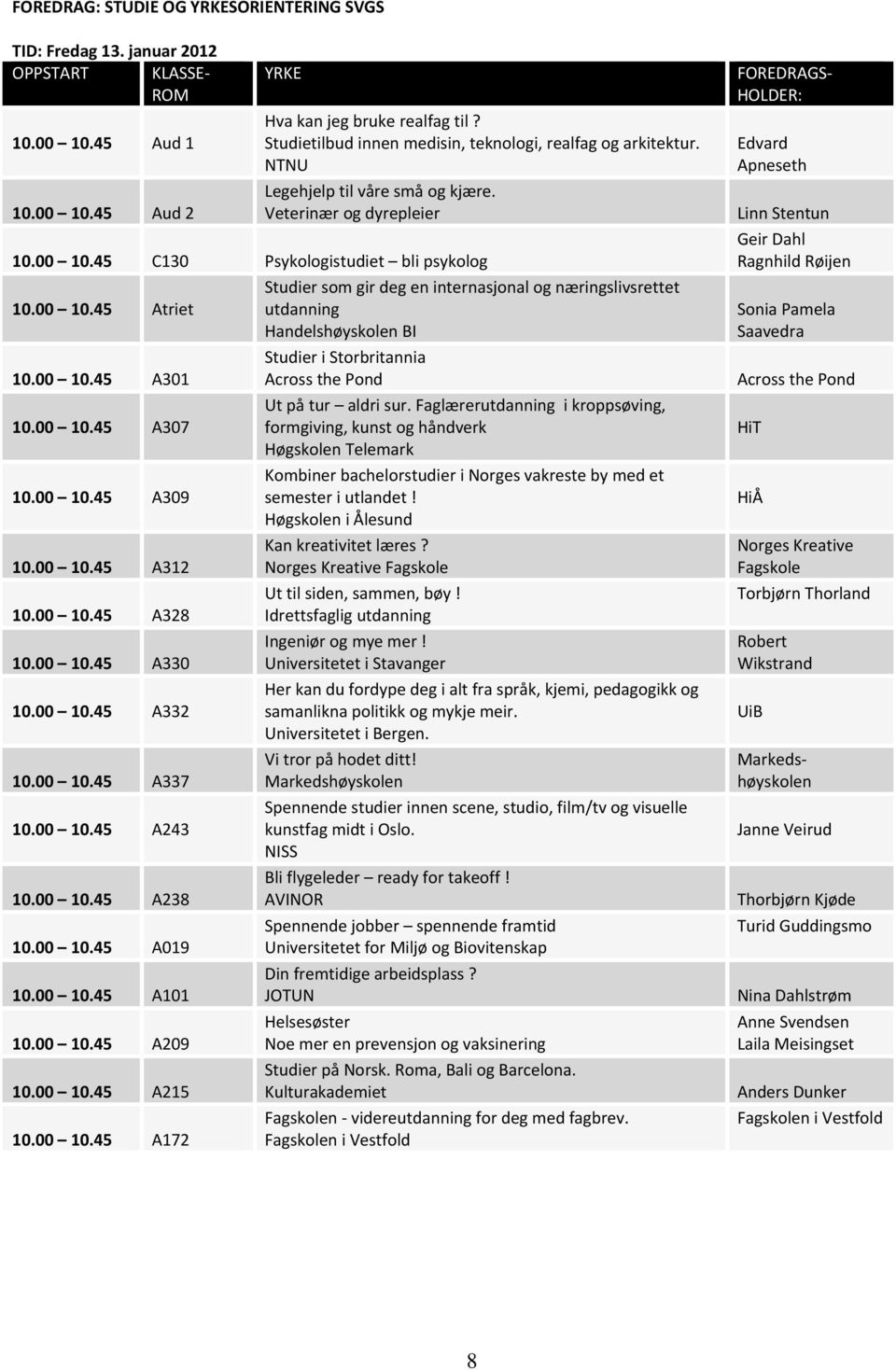 00 10.45 A301 Ut på tur aldri sur. Faglærerutdanning i kroppsøving, 10.00 10.45 A307 formgiving, kunst og håndverk Høgskolen Telemark Kombiner bachelorstudier i Norges vakreste by med et 10.00 10.45 A309 semester i utlandet!