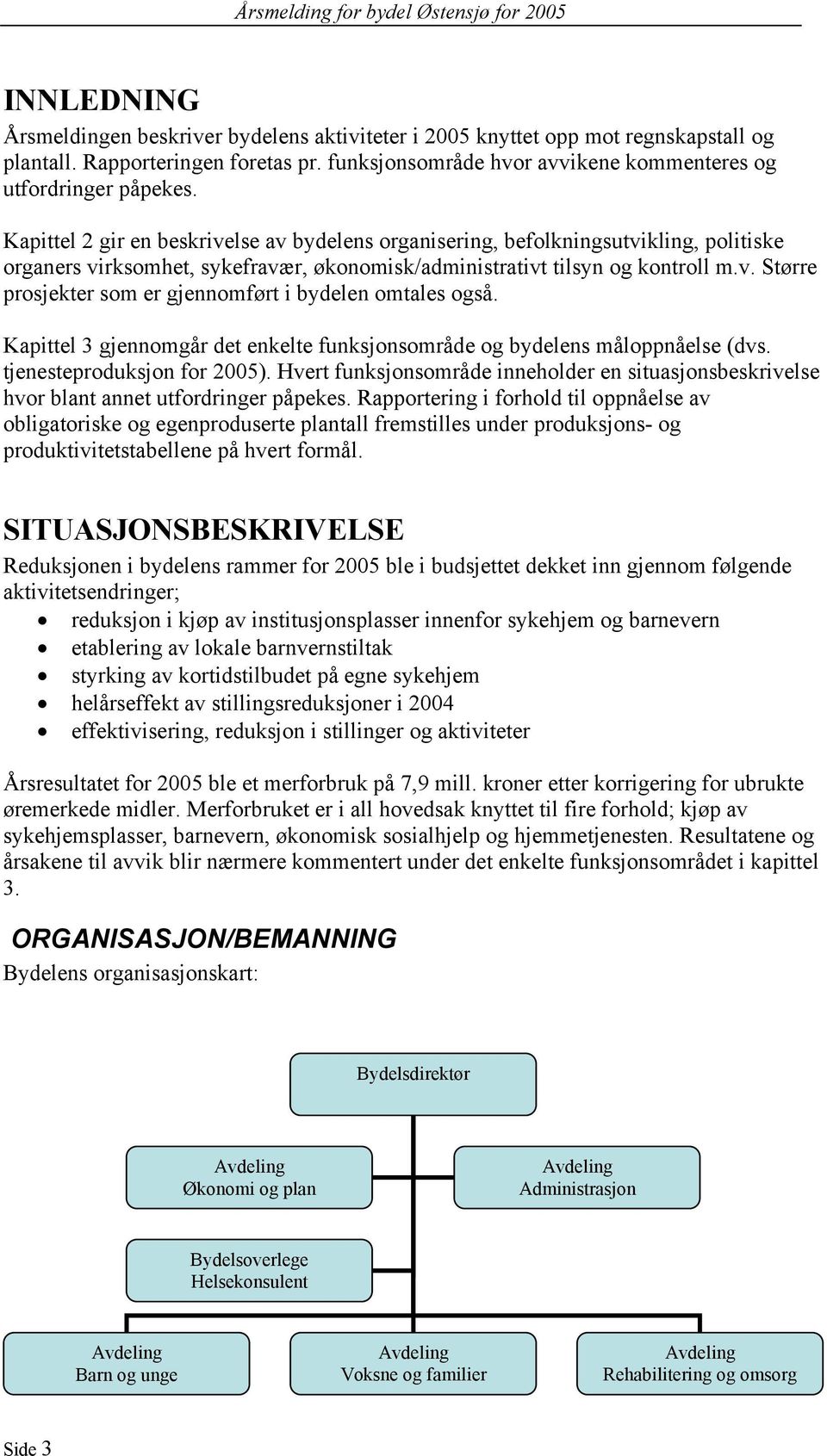 Kapittel 3 gjennomgår det enkelte funksjonsområde og bydelens måloppnåelse (dvs. tjenesteproduksjon for ).