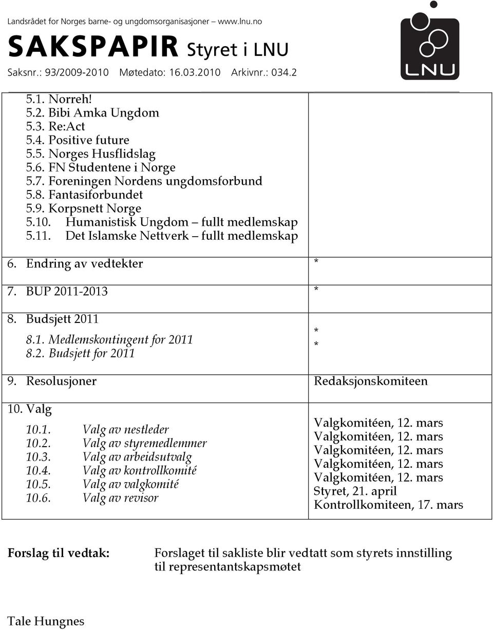 Det Islamske Nettverk fullt medlemskap 6. Endring av vedtekter * 7. BUP 2011-2013 * 8. Budsjett 2011 8.1. Medlemskontingent for 2011 8.2. Budsjett for 2011 * * 9. Resolusjoner Redaksjonskomiteen 10.