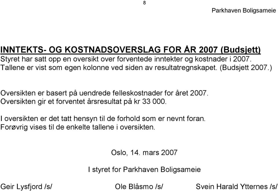 ) Oversikten er basert på uendrede felleskostnader for året 2007. Oversikten gir et forventet årsresultat på kr 33 000.