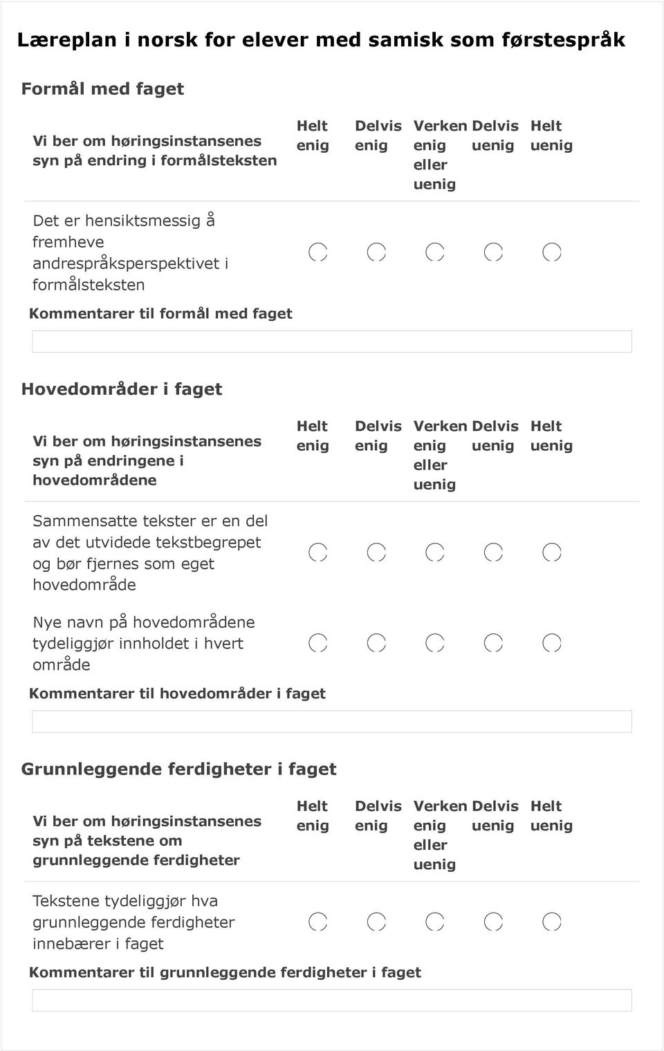 tekstbegrepet og bør fjernes som eget hovedområde Nye navn på hovedområdene tydeliggjør innholdet i hvert område Kommentarer til hovedområder i faget