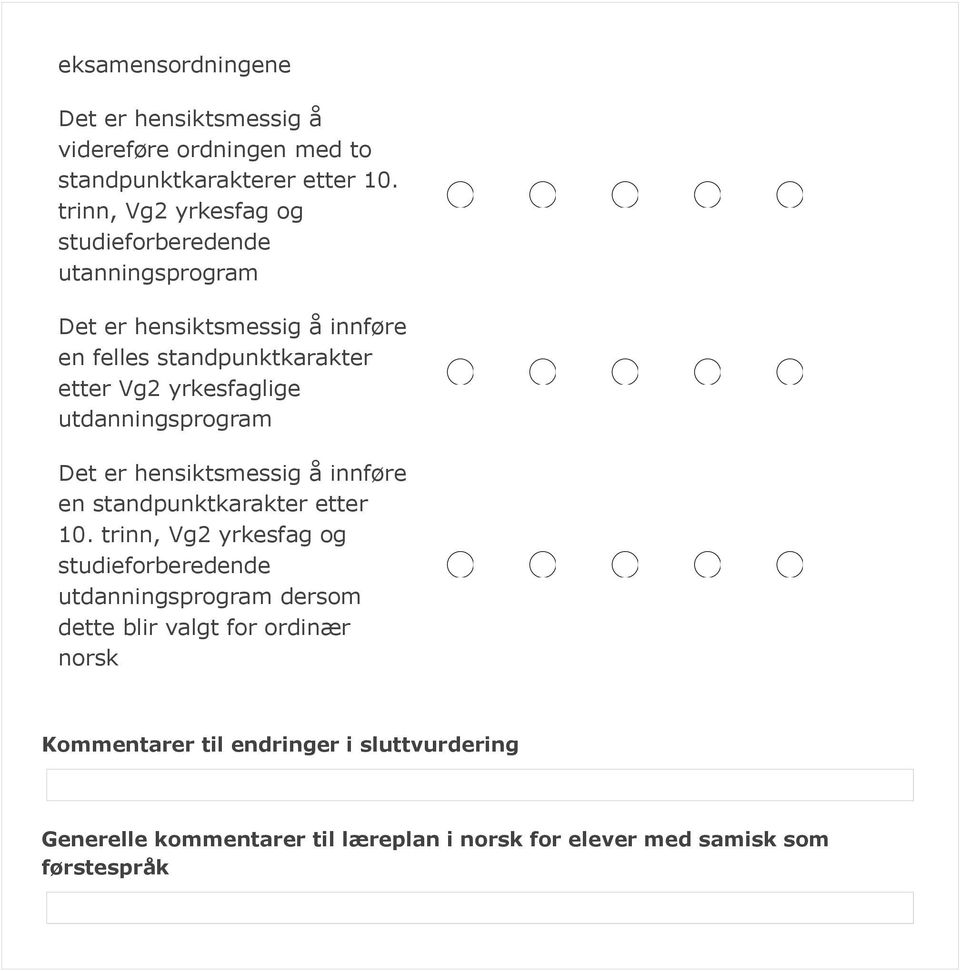 yrkesfaglige utdanningsprogram Det er hensiktsmessig å innføre en standpunktkarakter etter 10.