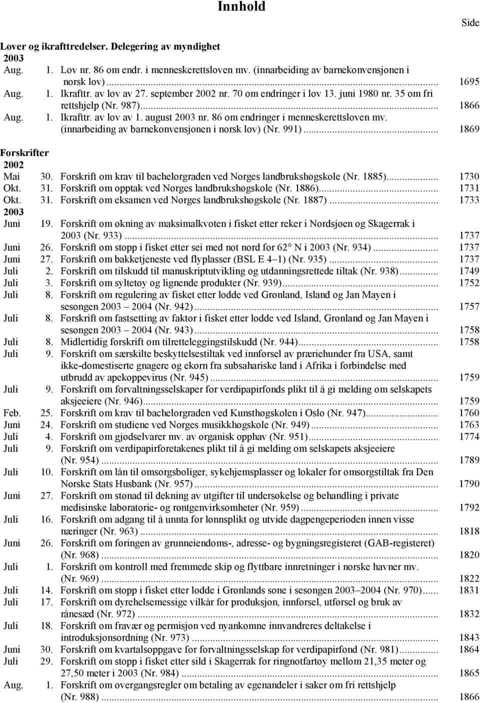 (innarbeiding av barnekonvensjonen i norsk lov) (Nr. 991)... 1869 Forskrifter 2002 Mai 30. Forskrift om krav til bachelorgraden ved Norges landbrukshøgskole (Nr. 1885)... 1730 Okt. 31.