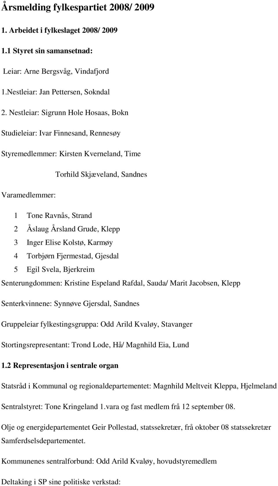 Grude, Klepp 3 Inger Elise Kolstø, Karmøy 4 Torbjørn Fjermestad, Gjesdal 5 Egil Svela, Bjerkreim Senterungdommen: Kristine Espeland Rafdal, Sauda/ Marit Jacobsen, Klepp Senterkvinnene: Synnøve