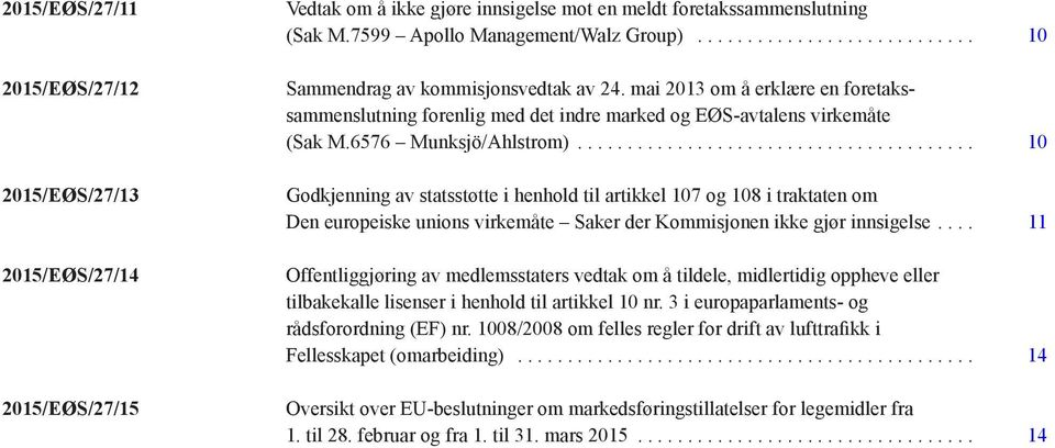 .. 10 2015/EØS/27/13 2015/EØS/27/14 2015/EØS/27/15 Godkjenning av statsstøtte i henhold til artikkel 107 og 108 i traktaten om Den europeiske unions virkemåte Saker der Kommisjonen ikke gjør innsigelse.