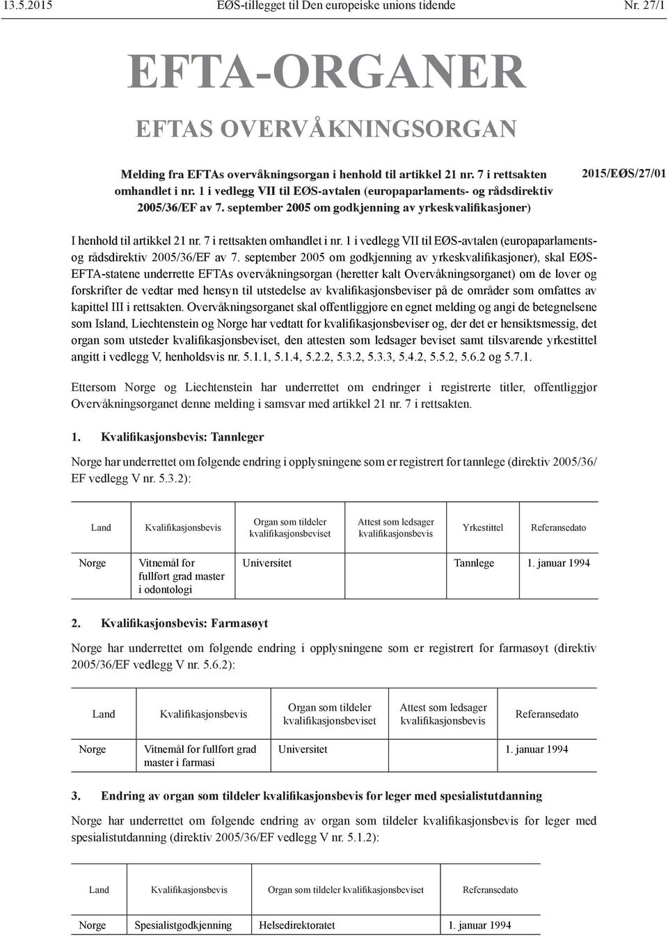 7 i rettsakten omhandlet i nr. 1 i vedlegg VII til EØS-avtalen (europaparlamentsog rådsdirektiv 2005/36/EF av 7.