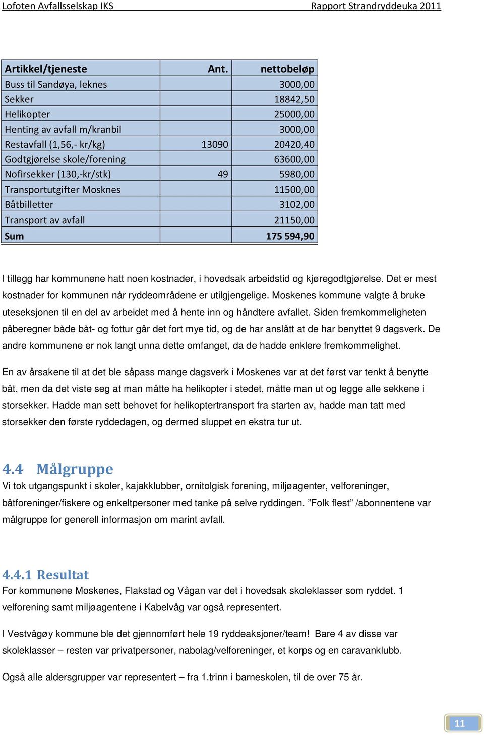 Nofirsekker (130,-kr/stk) 49 5980,00 Transportutgifter Mosknes 11500,00 Båtbilletter 3102,00 Transport av avfall 21150,00 Sum 175 594,90 I tillegg har kommunene hatt noen kostnader, i hovedsak