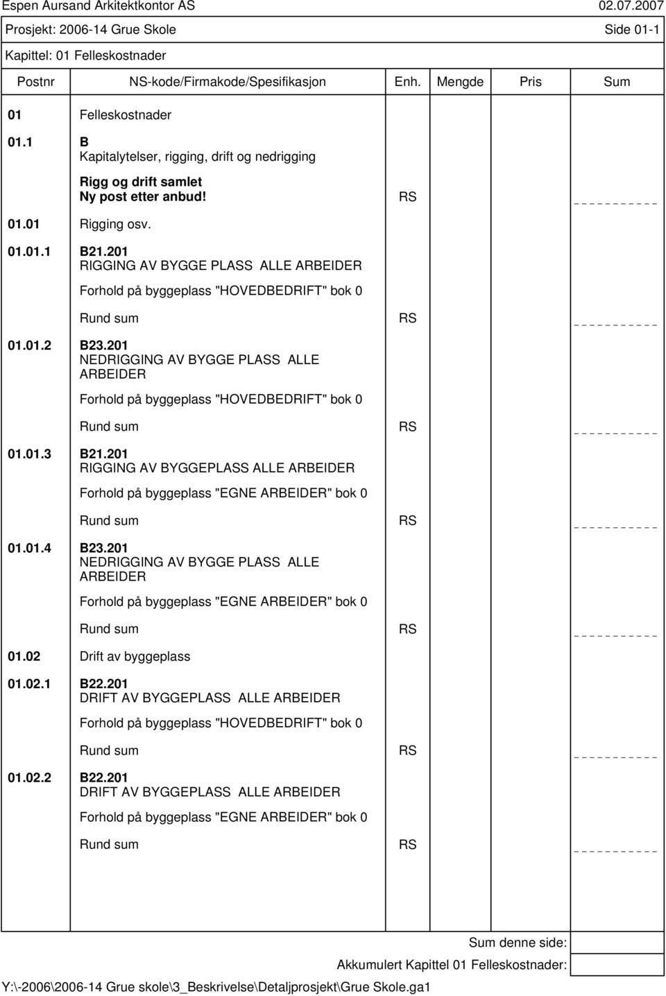 201 NEDRIGGING AV BYGGE PLASS ALLE ARBEIDER Forhold på byggeplass "HOVEDBEDRIFT" bok 0 Rund sum RS 01.01.3 B21.