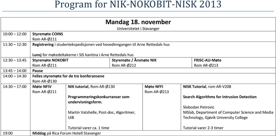 kantina i Arne Rettedals hus 12:30 13:45 Styremøte NOKOBIT Rom AR-Ø211 13:45 14:00 Pause 14:00 14:30 Felles styremøte for de tre konferansene Rom AR-Ø130 14:30 17:00 Møte NFIV Rom AR-Ø211 NIK