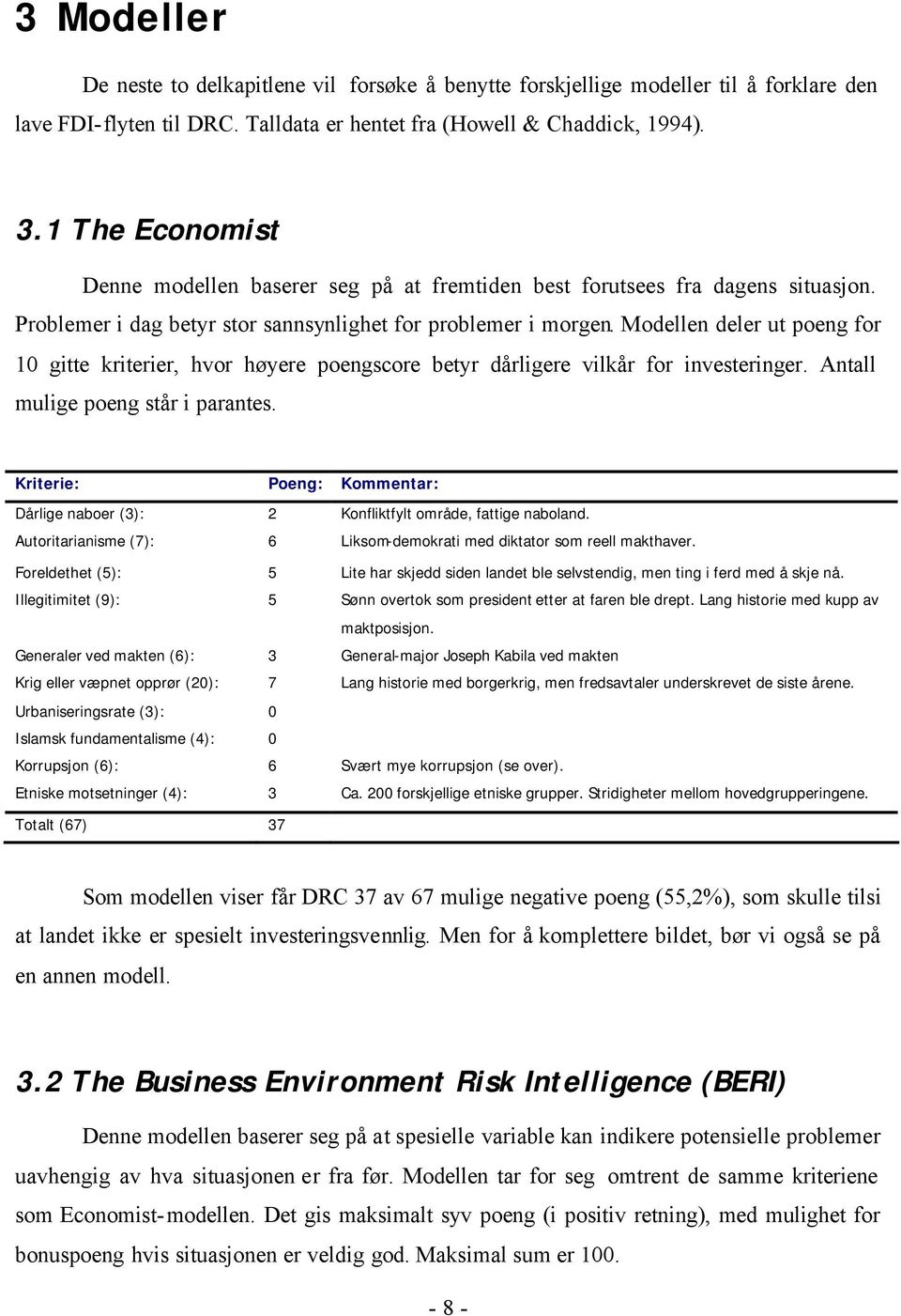 Modellen deler ut poeng for 10 gitte kriterier, hvor høyere poengscore betyr dårligere vilkår for investeringer. Antall mulige poeng står i parantes.