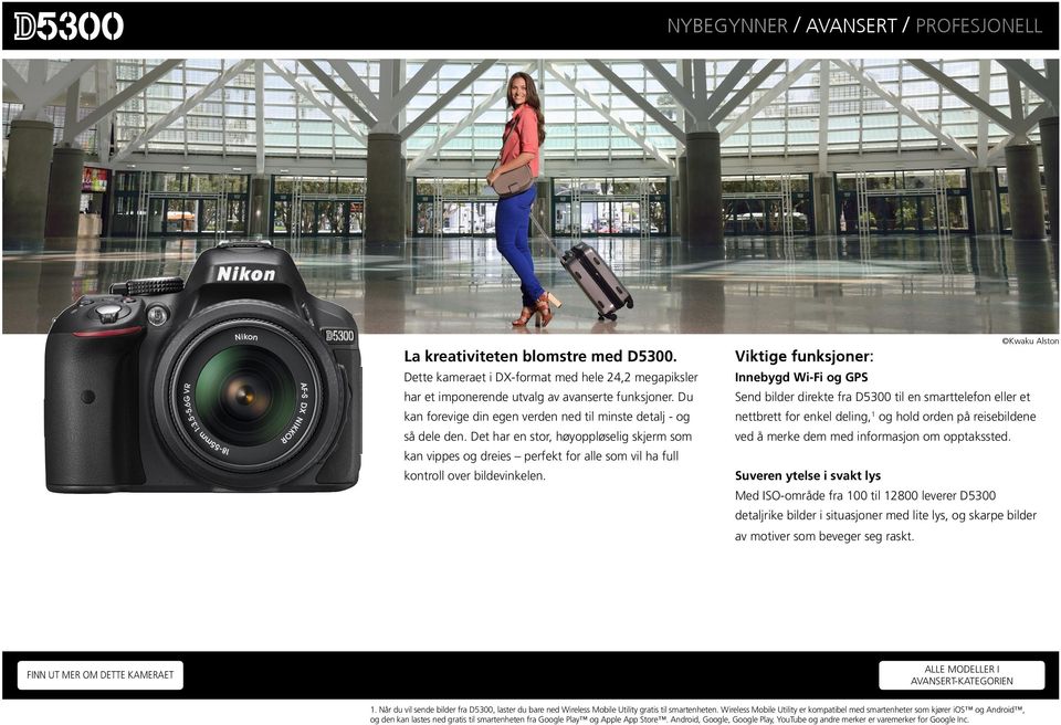 Kwaku Alston Innebygd Wi-Fi og GPS Send bilder direkte fra D5300 til en smarttelefon eller et nettbrett for enkel deling, 1 og hold orden på reisebildene ved å merke dem med informasjon om