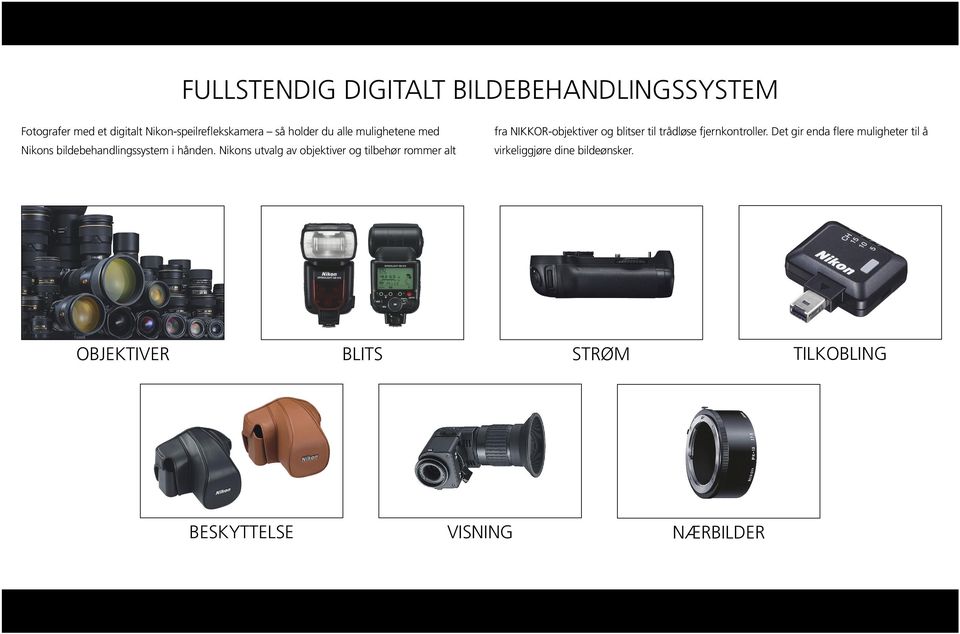 Nikons utvalg av objektiver og tilbehør rommer alt fra NIKKOR-objektiver og blitser til trådløse