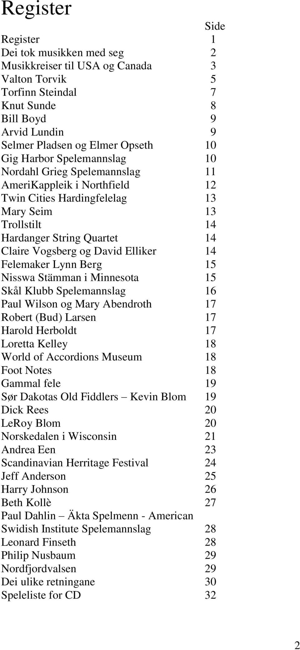 Elliker 14 Felemaker Lynn Berg 15 Nisswa Stämman i Minnesota 15 Skål Klubb Spelemannslag 16 Paul Wilson og Mary Abendroth 17 Robert (Bud) Larsen 17 Harold Herboldt 17 Loretta Kelley 18 World of