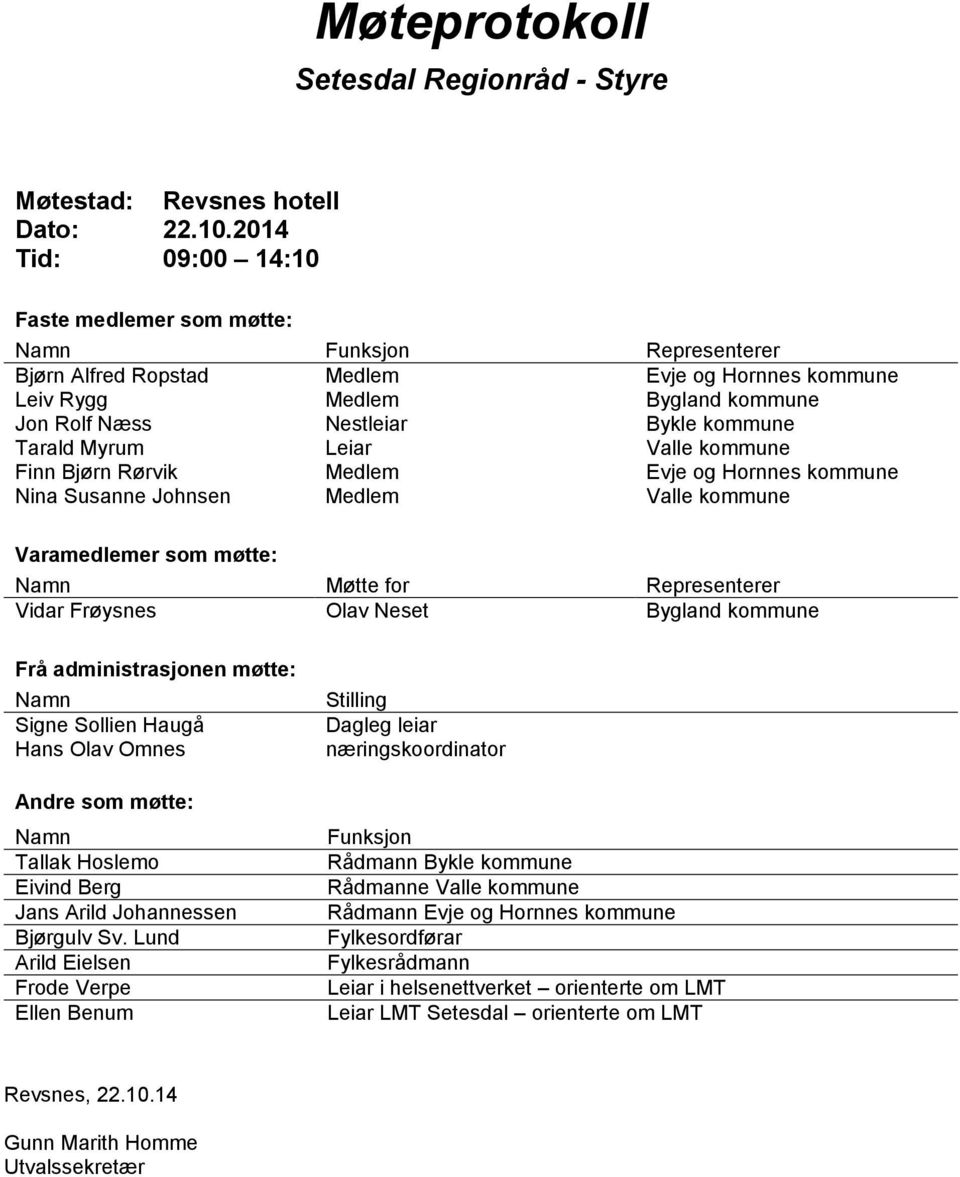 Tarald Myrum Leiar Valle kommune Finn Bjørn Rørvik Medlem Evje og Hornnes kommune Nina Susanne Johnsen Medlem Valle kommune Varamedlemer som møtte: Namn Møtte for Representerer Vidar Frøysnes Olav