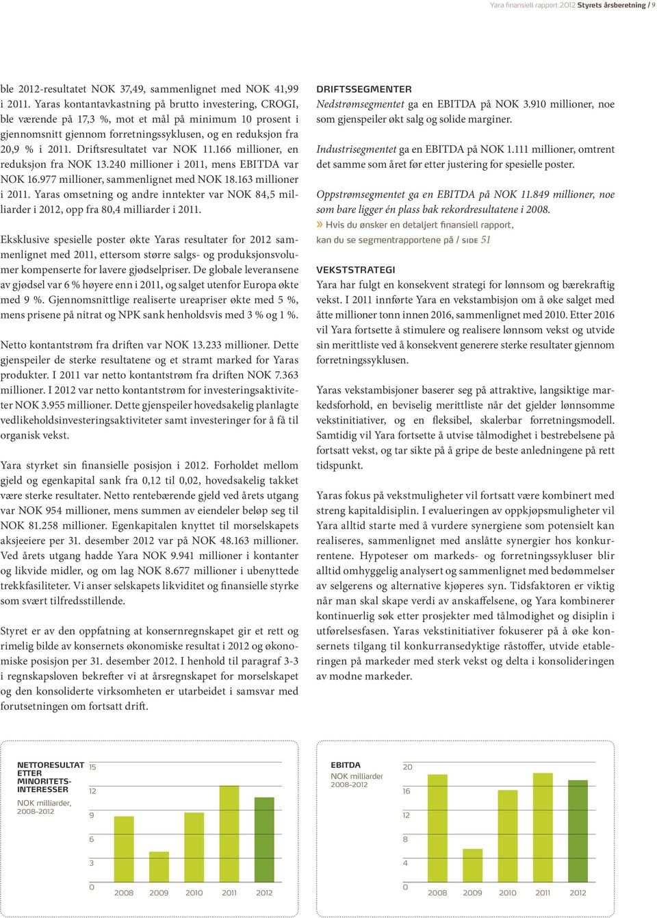 Driftsresultatet var NOK 11.166 millioner, en reduksjon fra NOK 13.240 millioner i 2011, mens EBITDA var NOK 16.977 millioner, sammenlignet med NOK 18.163 millioner i 2011.