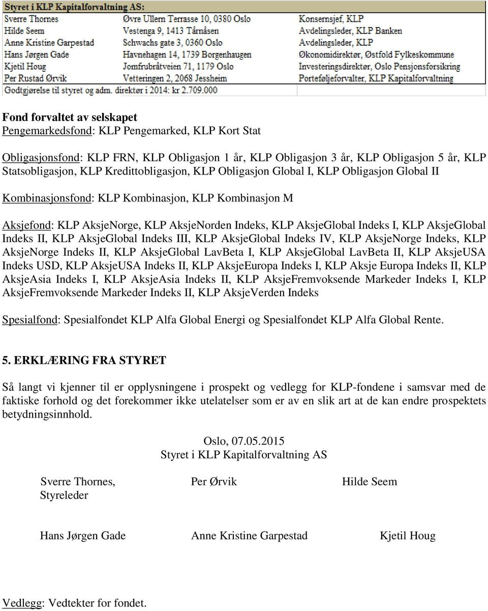 KLP AksjeGlobal Indeks II, KLP AksjeGlobal Indeks III, KLP AksjeGlobal Indeks IV, KLP AksjeNorge Indeks, KLP AksjeNorge Indeks II, KLP AksjeGlobal LavBeta I, KLP AksjeGlobal LavBeta II, KLP AksjeUSA