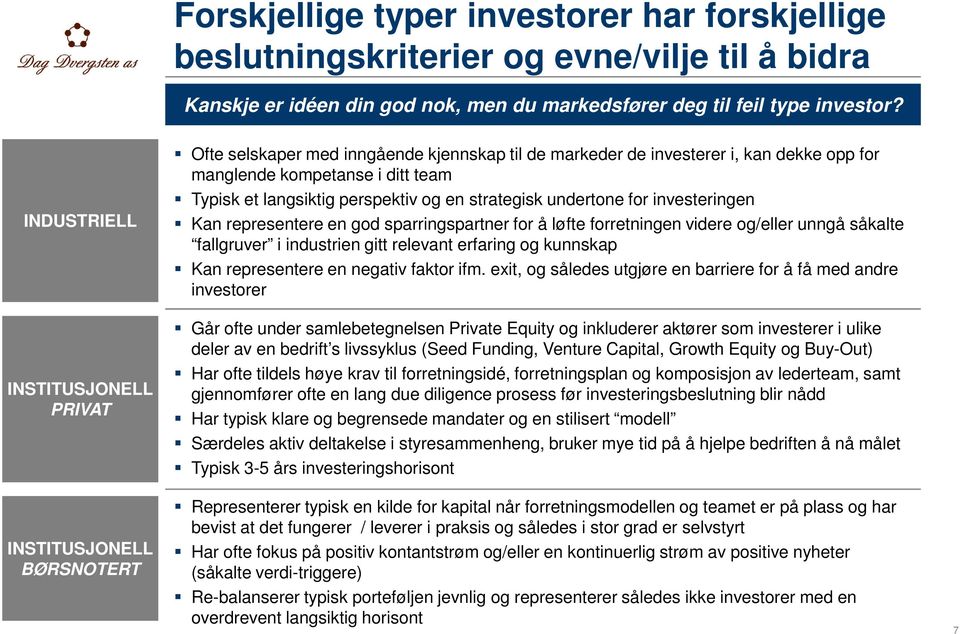 strategisk undertone for investeringen Kan representere en god sparringspartner for å løfte forretningen videre og/eller unngå såkalte fallgruver i industrien gitt relevant erfaring og kunnskap Kan