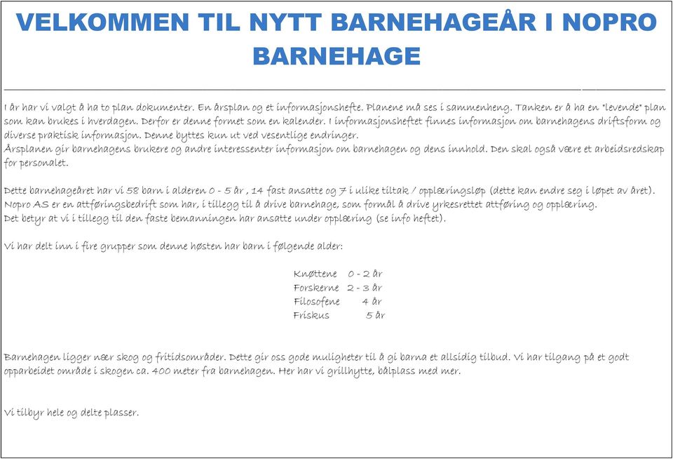 Denne byttes kun ut ved vesentlige endringer. Årsplanen gir barnehagens brukere og andre interessenter informasjon om barnehagen og dens innhold. Den skal også være et arbeidsredskap for personalet.