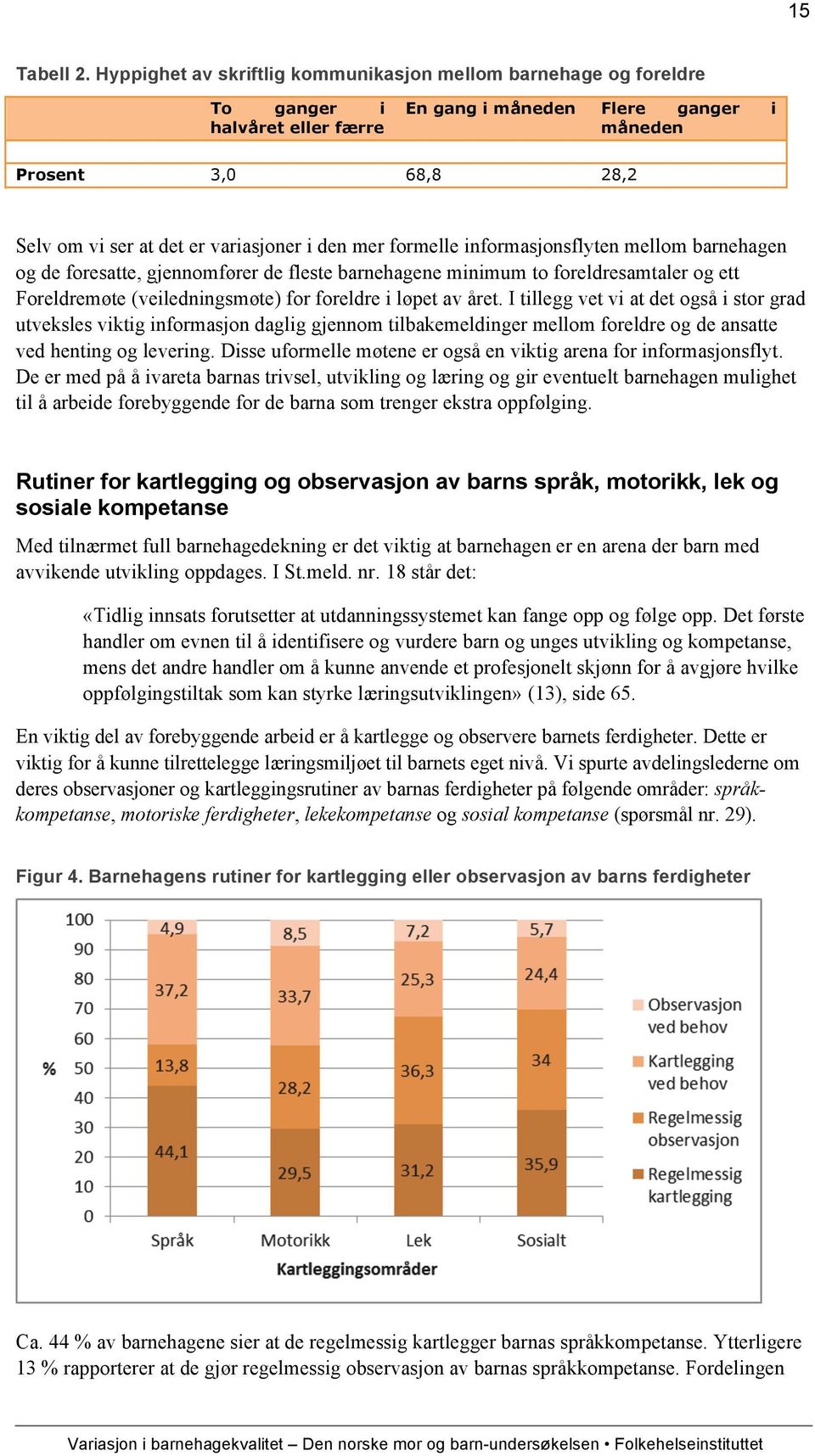 i den mer formelle informasjonsflyten mellom barnehagen og de foresatte, gjennomfører de fleste barnehagene minimum to foreldresamtaler og ett Foreldremøte (veiledningsmøte) for foreldre i løpet av