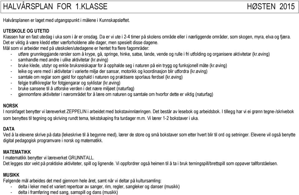 Mål som vi arbeider med på uteskolen/utedagene er hentet fra flere fagområder: - utføre grunnleggjande rørsler som å krype, gå, springe, hinke, satse, lande, vende og rulle i fri utfolding og