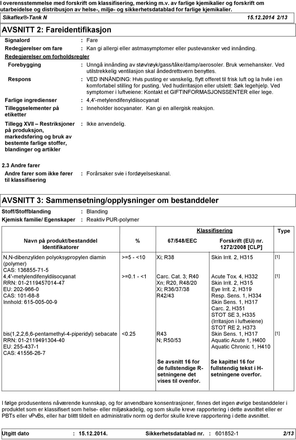 Restriksjoner på produksjon, markedsføring og bruk av bestemte farlige stoffer, blandinger og artikler Fare Kan gi allergi eller astmasymptomer eller pustevansker ved innånding.