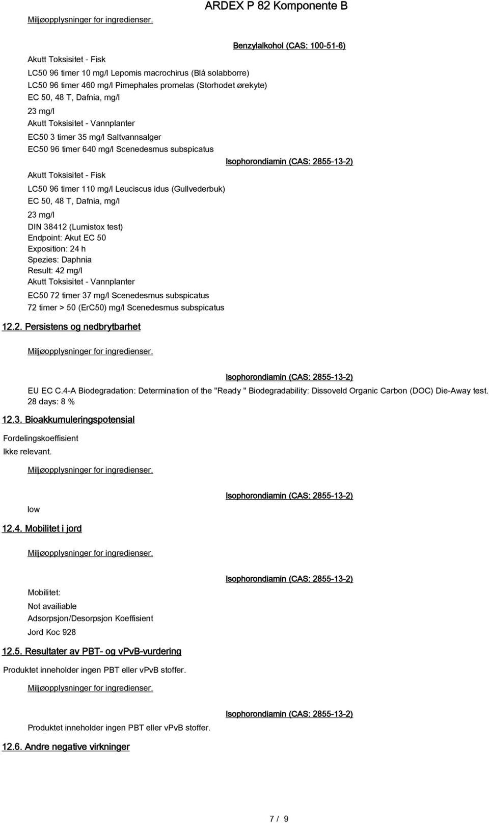 Vannplanter EC50 3 timer 35 mg/l Saltvannsalger EC50 96 timer 640 mg/l Scenedesmus subspicatus Akutt Toksisitet - Fisk LC50 96 timer 110 mg/l Leuciscus idus (Gullvederbuk) EC 50, 48 T, Dafnia, mg/l