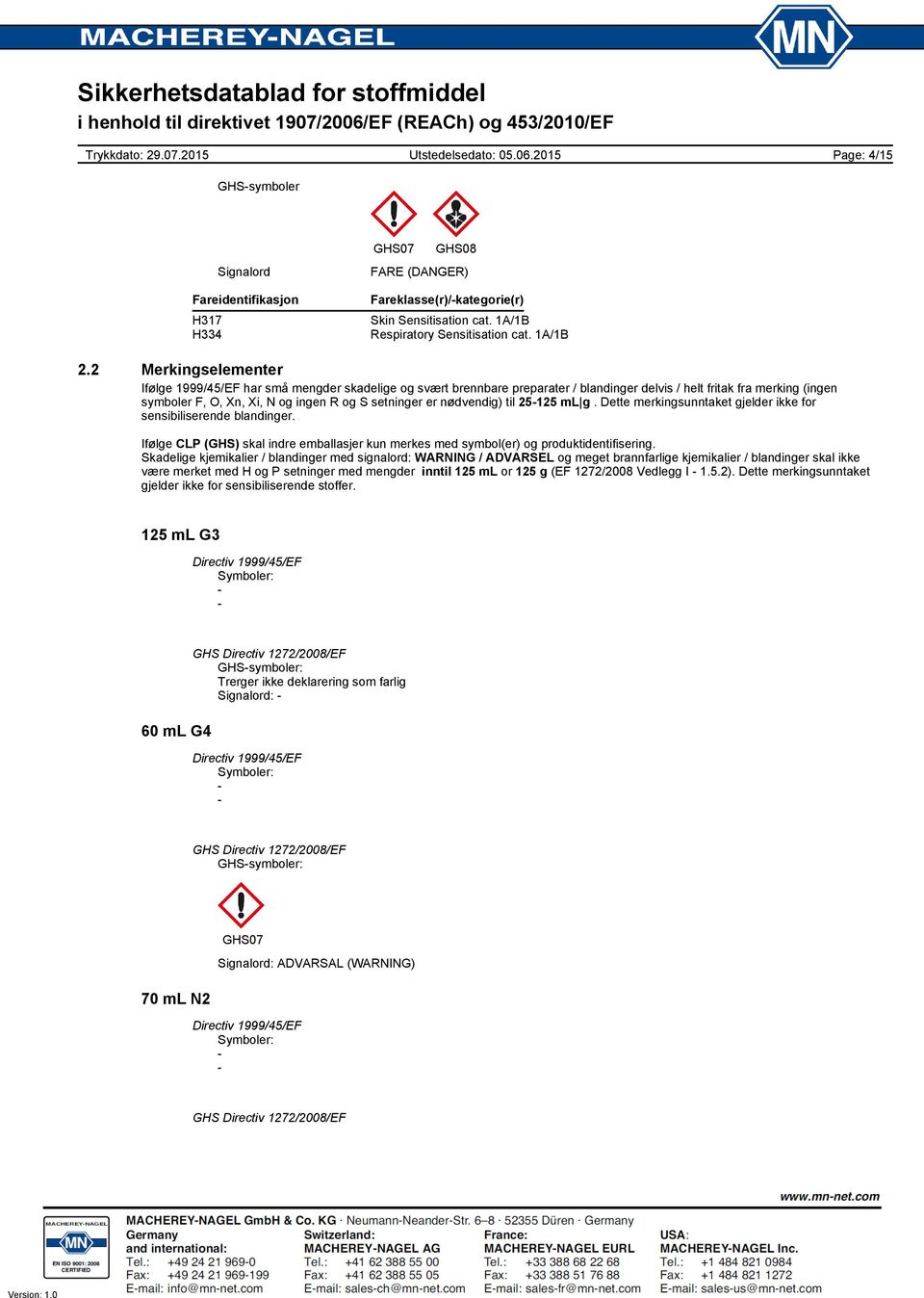 er nødvendig) til 25125 ml g. Dette merkingsunntaket gjelder ikke for sensibiliserende blandinger. Ifølge CLP (GHS) skal indre emballasjer kun merkes med symbol(er) og produktidentifisering.