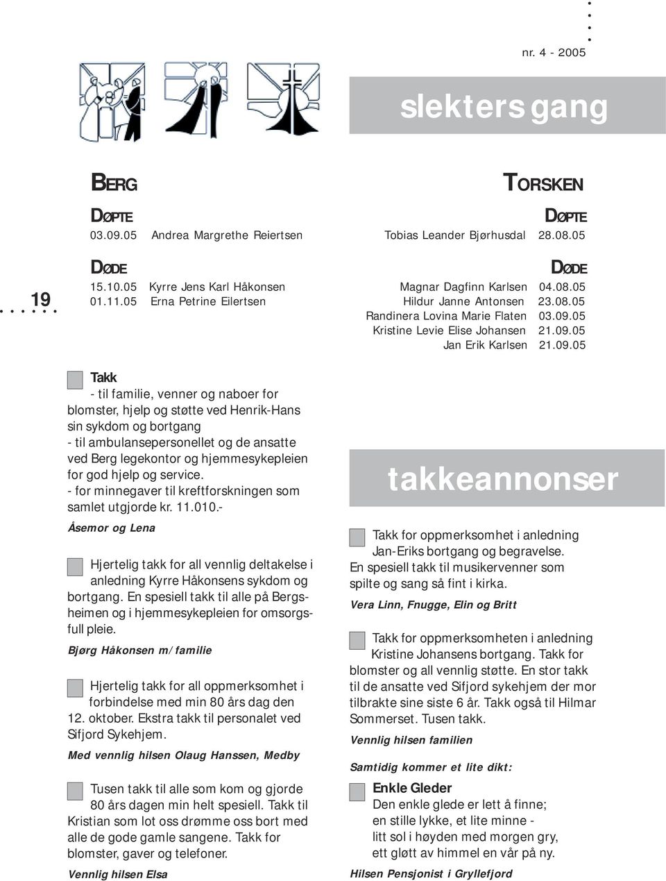 hjemmesykepleien for god hjelp og service. - for minnegaver til kreftforskningen som samlet utgjorde kr. 11.010.