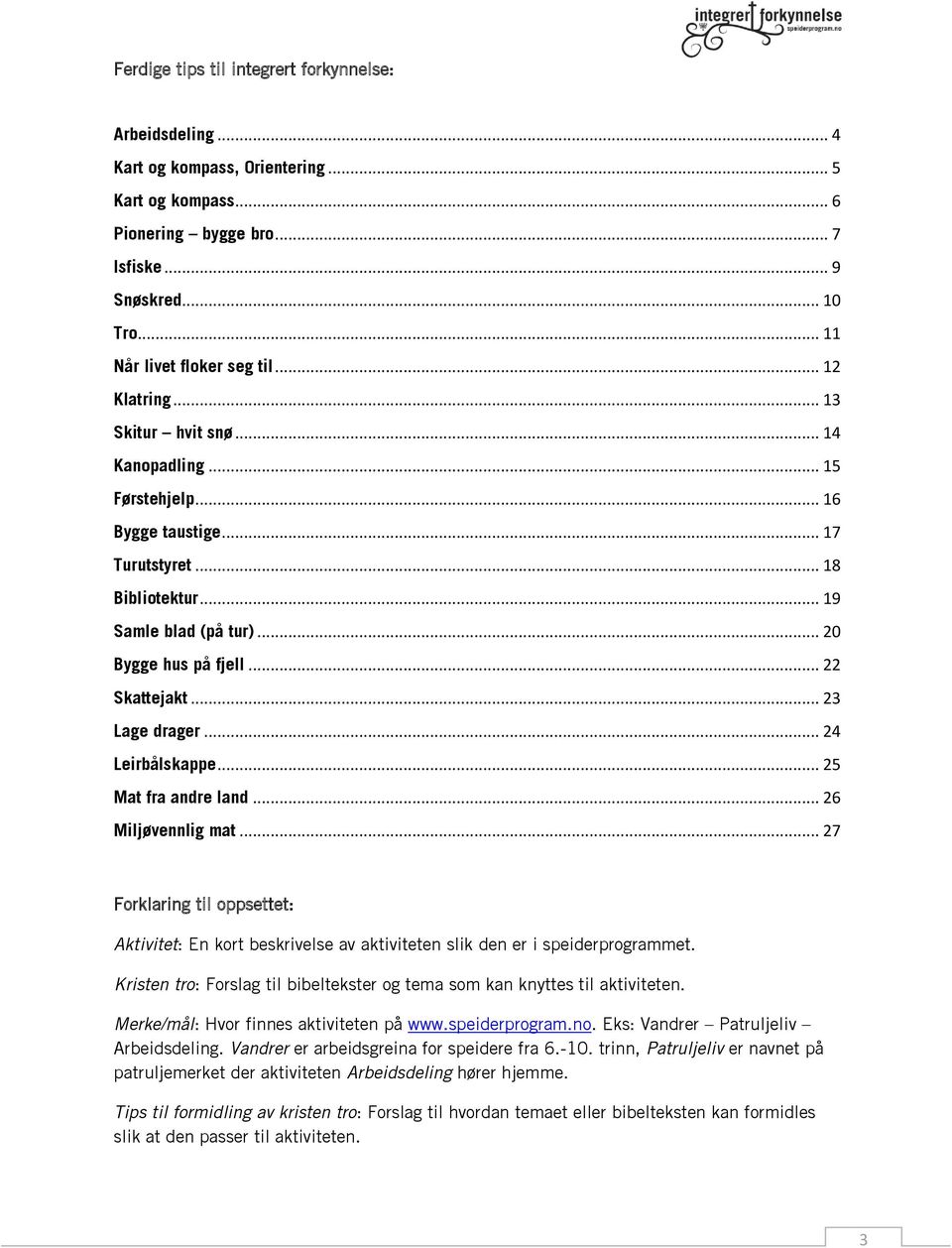 .. 23 Lage drager... 24 Leirbålskappe... 25 Mat fra andre land... 26 Miljøvennlig mat... 27 Forklaring til oppsettet: : En kort beskrivelse av aktiviteten slik den er i speiderprogrammet.