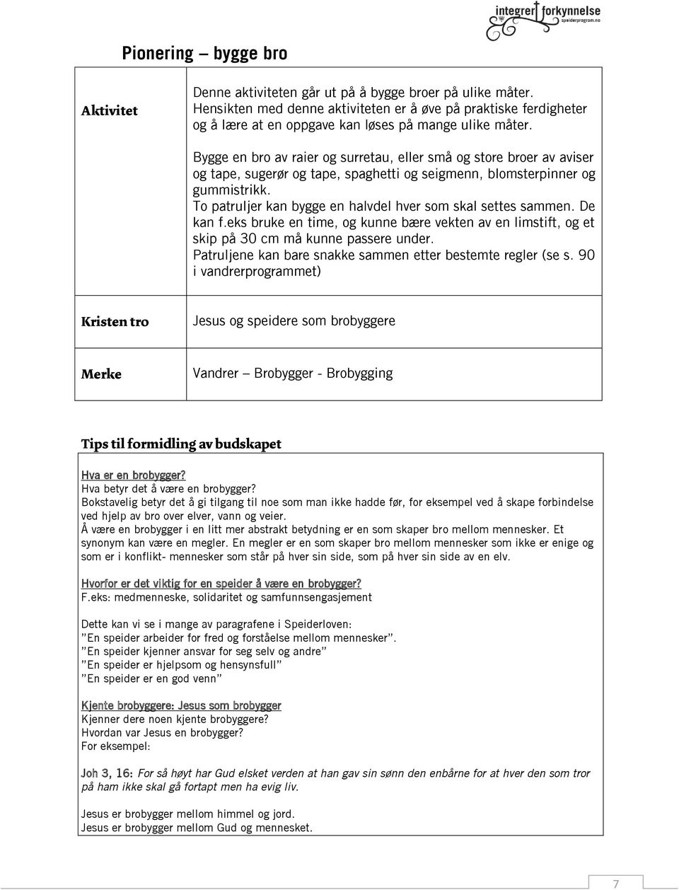 To patruljer kan bygge en halvdel hver som skal settes sammen. De kan f.eks bruke en time, og kunne bære vekten av en limstift, og et skip på 30 cm må kunne passere under.