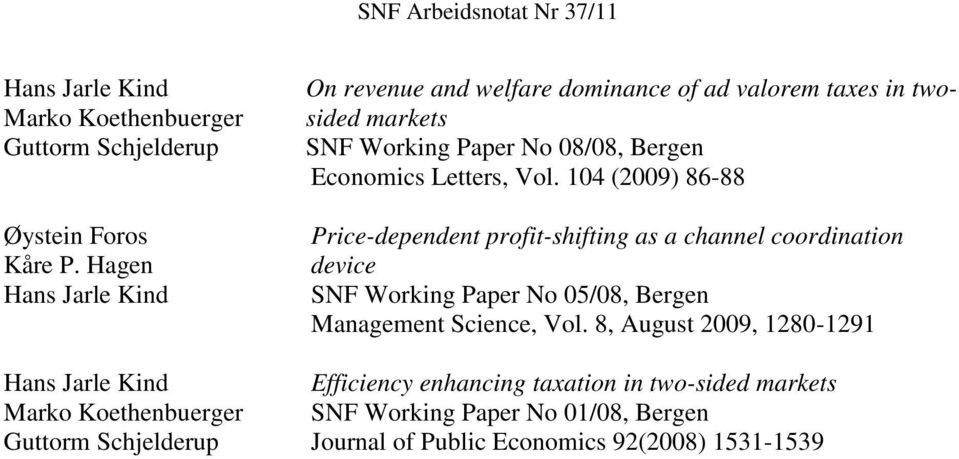 Vol. 104 (2009) 86-88 Price-dependent profit-shifting as a channel coordination device SNF Working Paper No 05/08, Bergen Management