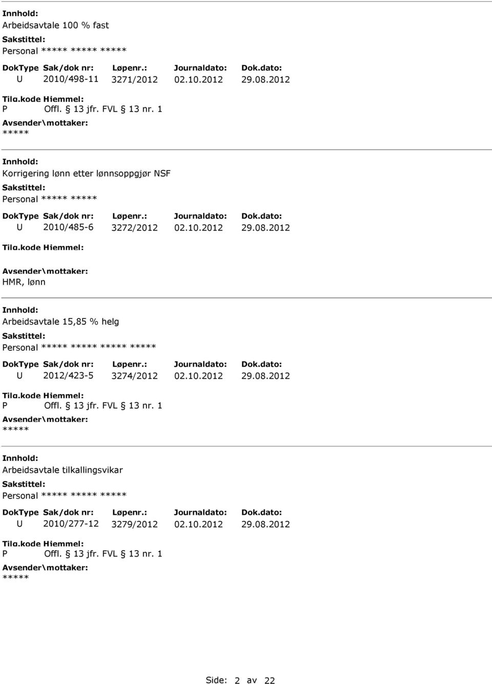 08.2012 HMR, lønn Arbeidsavtale 15,85 % helg ersonal 2012/423-5 3274/2012 29.