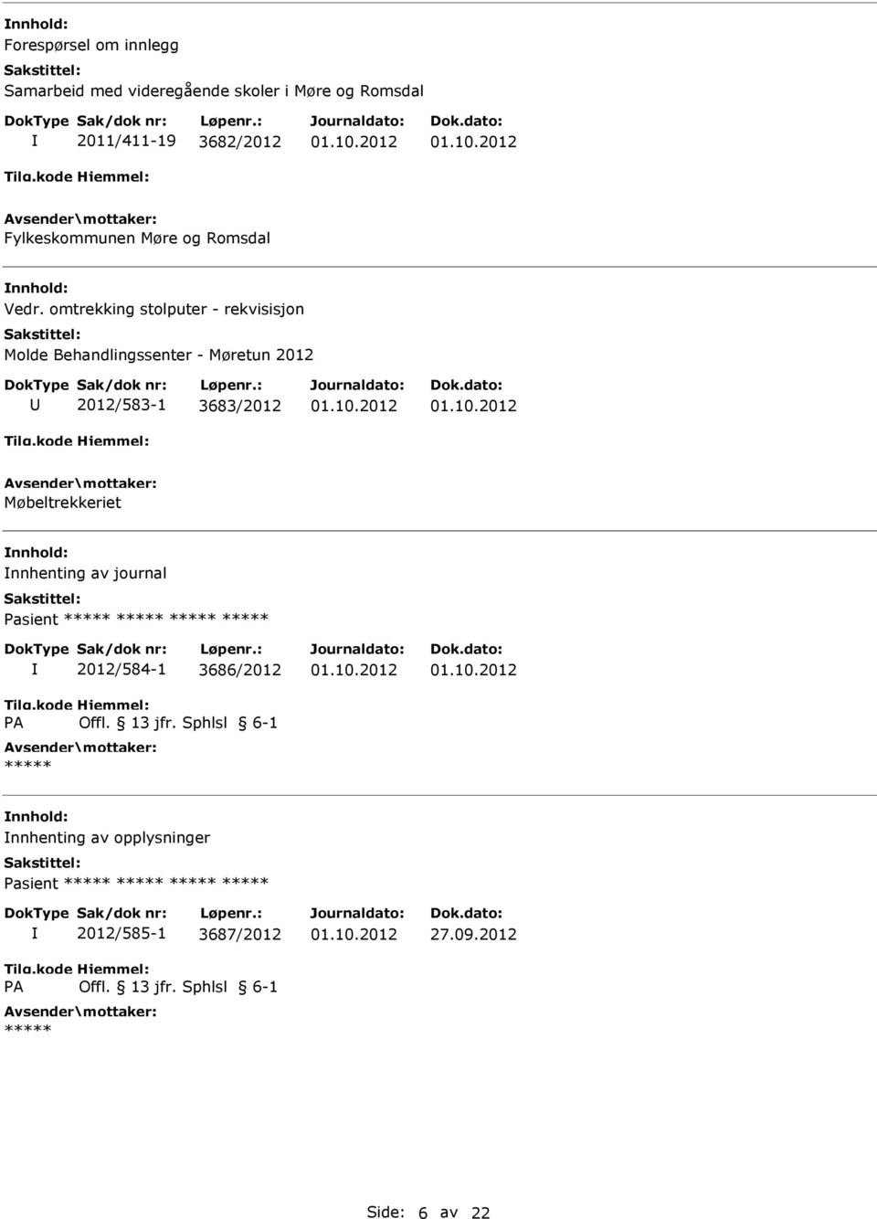 omtrekking stolputer - rekvisisjon Molde Behandlingssenter - Møretun 2012 2012/583-1 3683/2012 01.10.