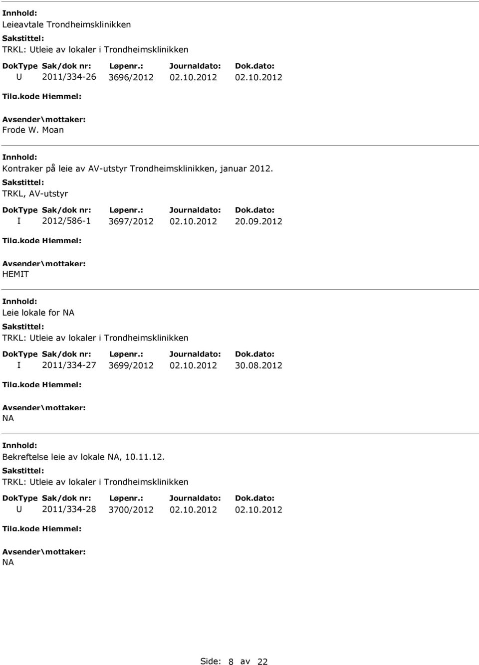 2012 HEMT Leie lokale for NA TRKL: tleie av lokaler i Trondheimsklinikken 2011/334-27 3699/2012 30.08.