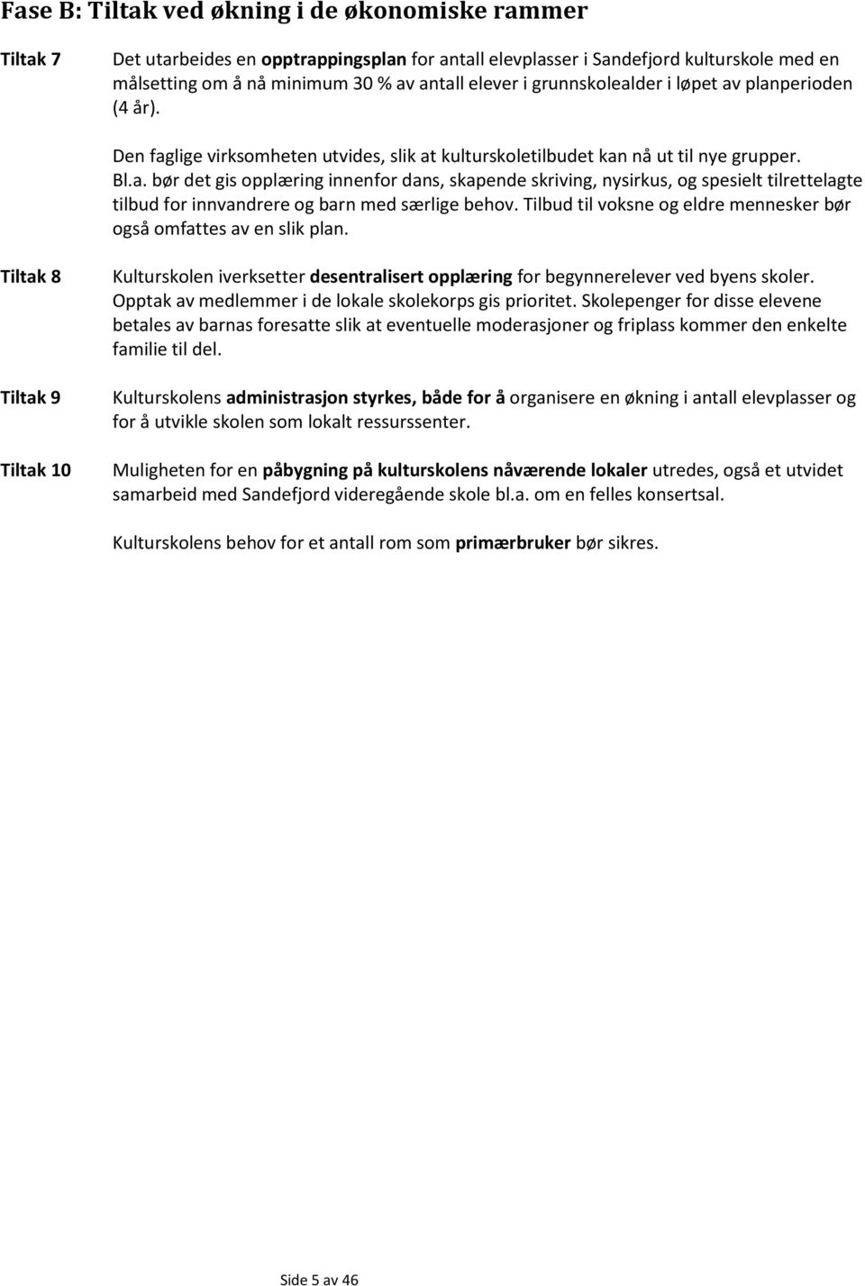 Tilbud til voksne og eldre mennesker bør også omfattes av en slik plan. Tiltak 8 Tiltak 9 Tiltak 10 Kulturskolen iverksetter desentralisert opplæring for begynnerelever ved byens skoler.