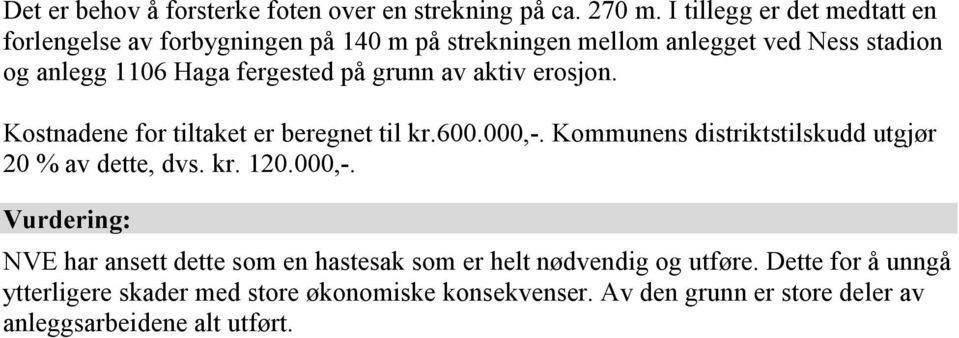 på grunn av aktiv erosjon. Kostnadene for tiltaket er beregnet til kr.600.000,-. Kommunens distriktstilskudd utgjør 20 % av dette, dvs. kr. 120.