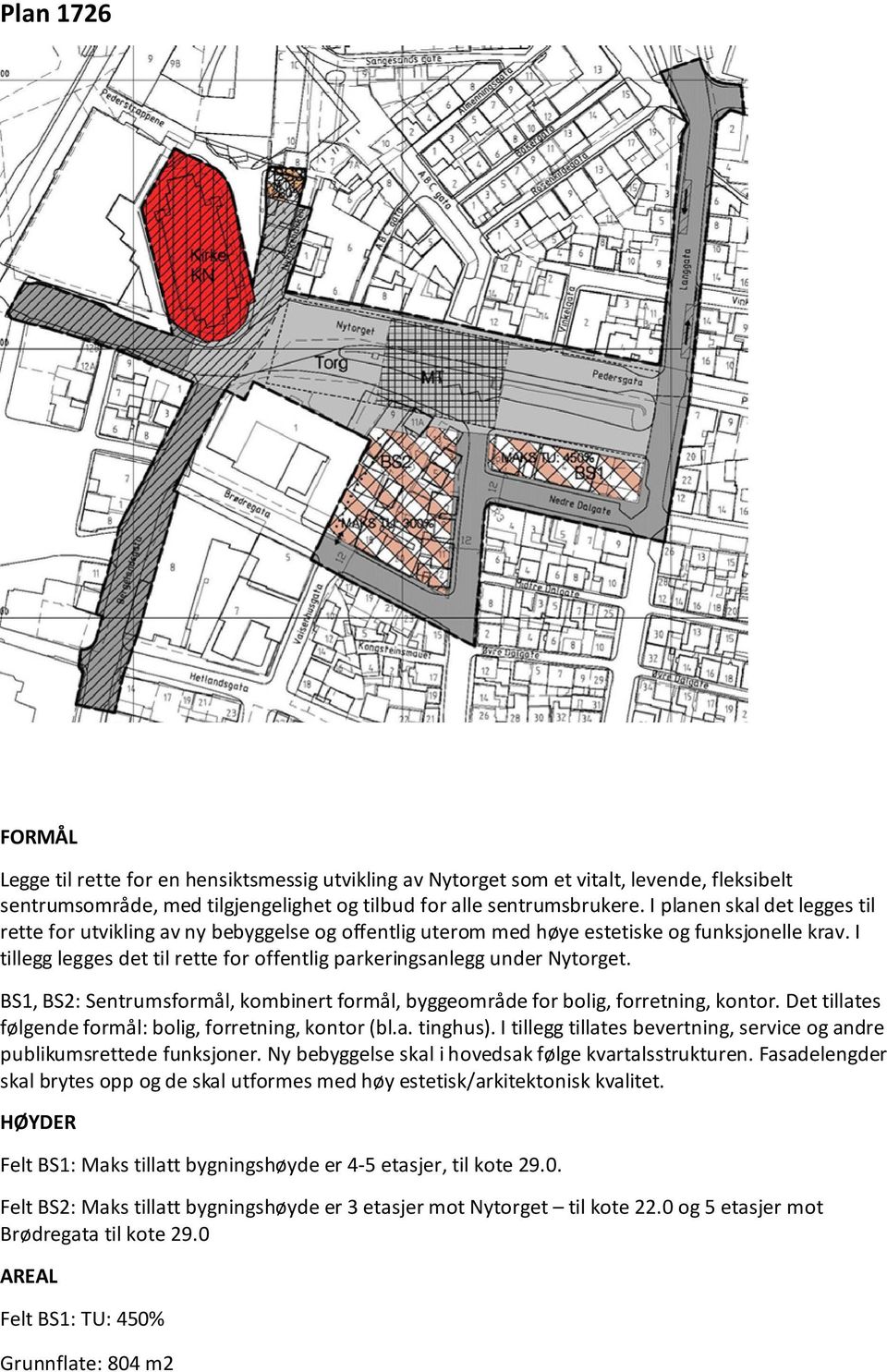 I tillegg legges det til rette for offentlig parkeringsanlegg under Nytorget. BS1, BS2: Sentrumsformål, kombinert formål, byggeområde for bolig, forretning, kontor.