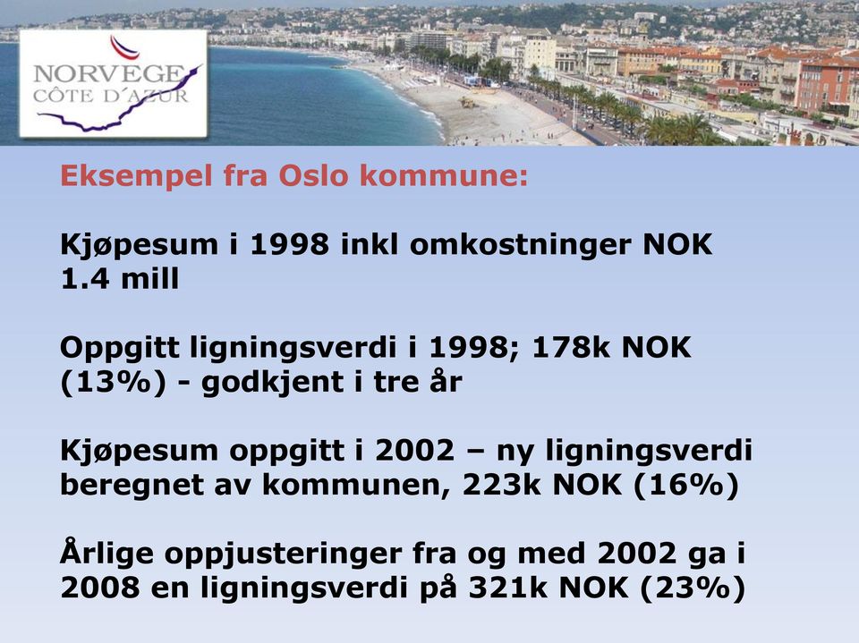Kjøpesum oppgitt i 2002 ny ligningsverdi beregnet av kommunen, 223k NOK