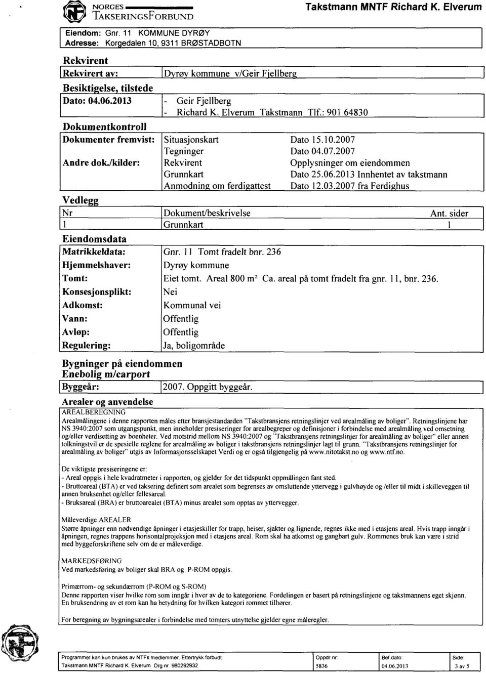 2013 Innhentet av takstmann Anmodnin om ferdi attest Dato 12.03.2007 fra Ferdi hus Vedle Nr Dokument/beskrivelse Ant. sider 1 Grunnkart 1 Eiendomsdata Matrikkeldata: Gnr. 11 Tomt fradelt bnr.