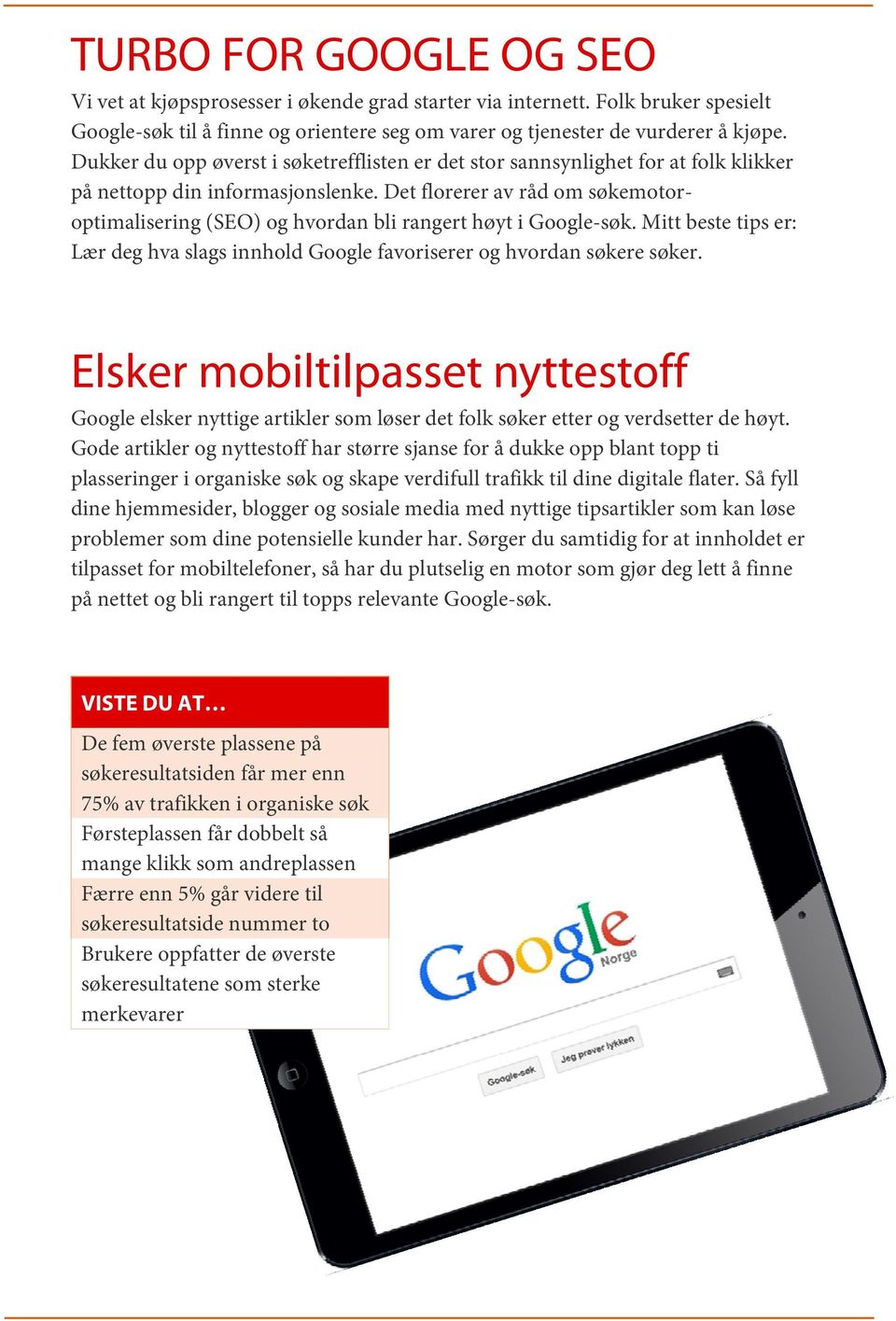 Det florerer av råd om søkemotoroptimalisering (SEO) og hvordan bli rangert høyt i Google-søk. Mitt beste tips er: Lær deg hva slags innhold Google favoriserer og hvordan søkere søker.