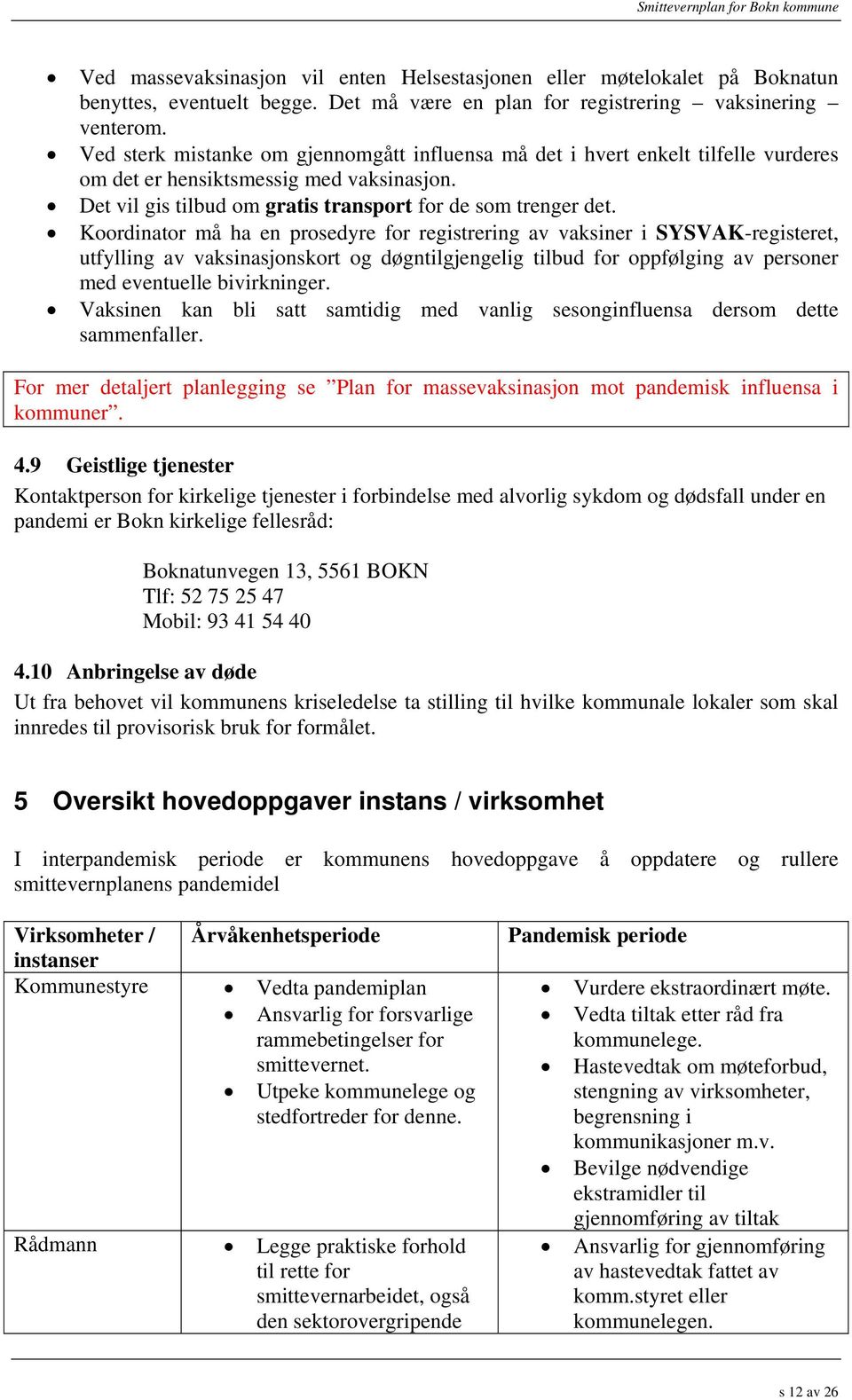 Koordinator må ha en prosedyre for registrering av vaksiner i SYSVAK-registeret, utfylling av vaksinasjonskort og døgntilgjengelig tilbud for oppfølging av personer med eventuelle bivirkninger.