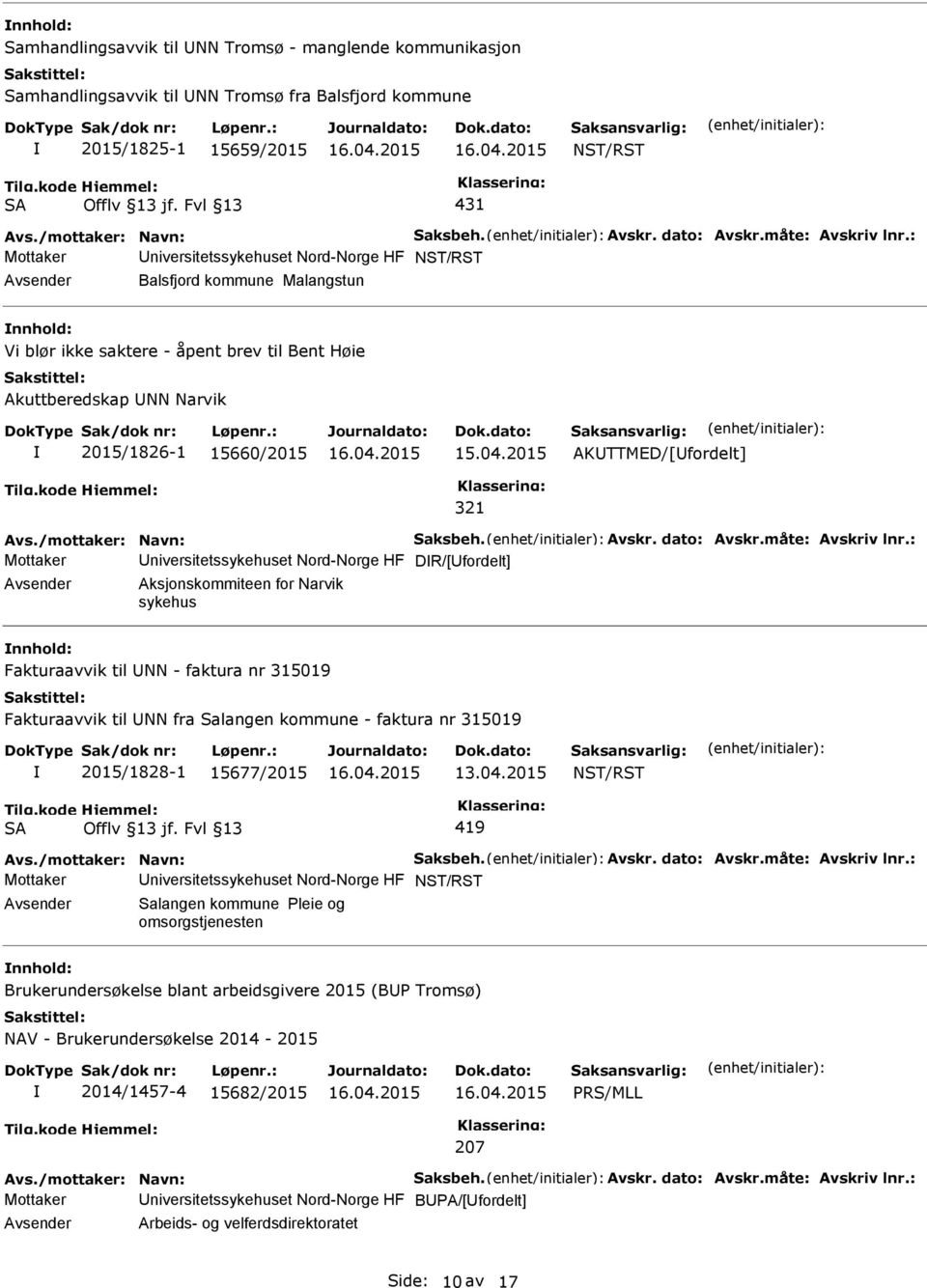 : Mottaker niversitetssykehuset Nord-Norge HF NST/RST Balsfjord kommune Malangstun Vi blør ikke saktere - åpent brev til Bent Høie Akuttberedskap NN Narvik 2015/1826-1 15660/2015 321