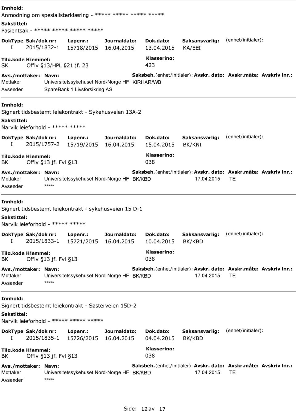 BK/KN BK 038 Avs./mottaker: Navn: Saksbeh. Avskr. dato: Avskr.måte: Avskriv lnr.: Mottaker niversitetssykehuset Nord-Norge HF BK/KBD 17.04.