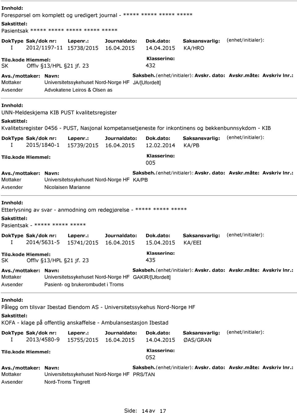 : Mottaker niversitetssykehuset Nord-Norge HF JA/[fordelt] Advokatene Leiros & Olsen as NN-Meldeskjema KB PST kvalitetsregister Kvalitetsregister 0456 - PST, Nasjonal kompetansetjeneste for