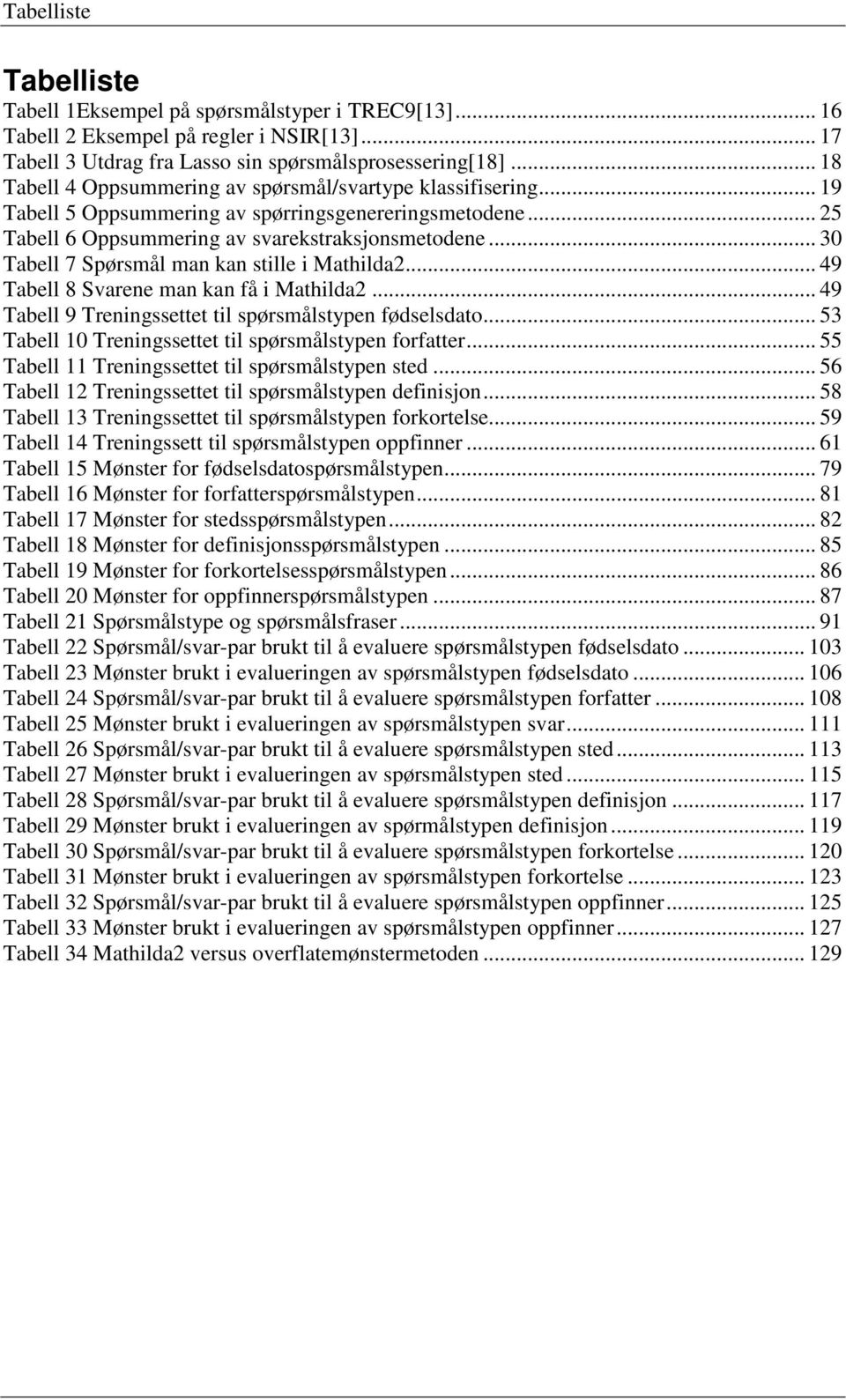 .. 30 Tabell 7 Spørsmål man kan stille i Mathilda2... 49 Tabell 8 Svarene man kan få i Mathilda2... 49 Tabell 9 Treningssettet til spørsmålstypen fødselsdato.