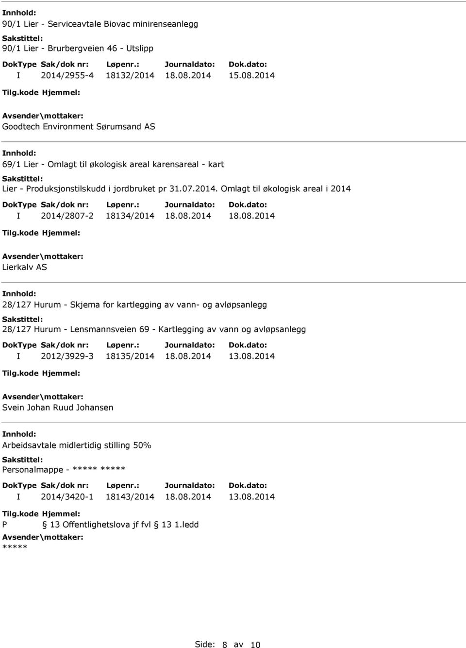 Omlagt til økologisk areal i 2014 2014/2807-2 18134/2014 Lierkalv AS nnhold: 28/127 Hurum - Skjema for kartlegging av vann- og avløpsanlegg 28/127 Hurum - Lensmannsveien 69