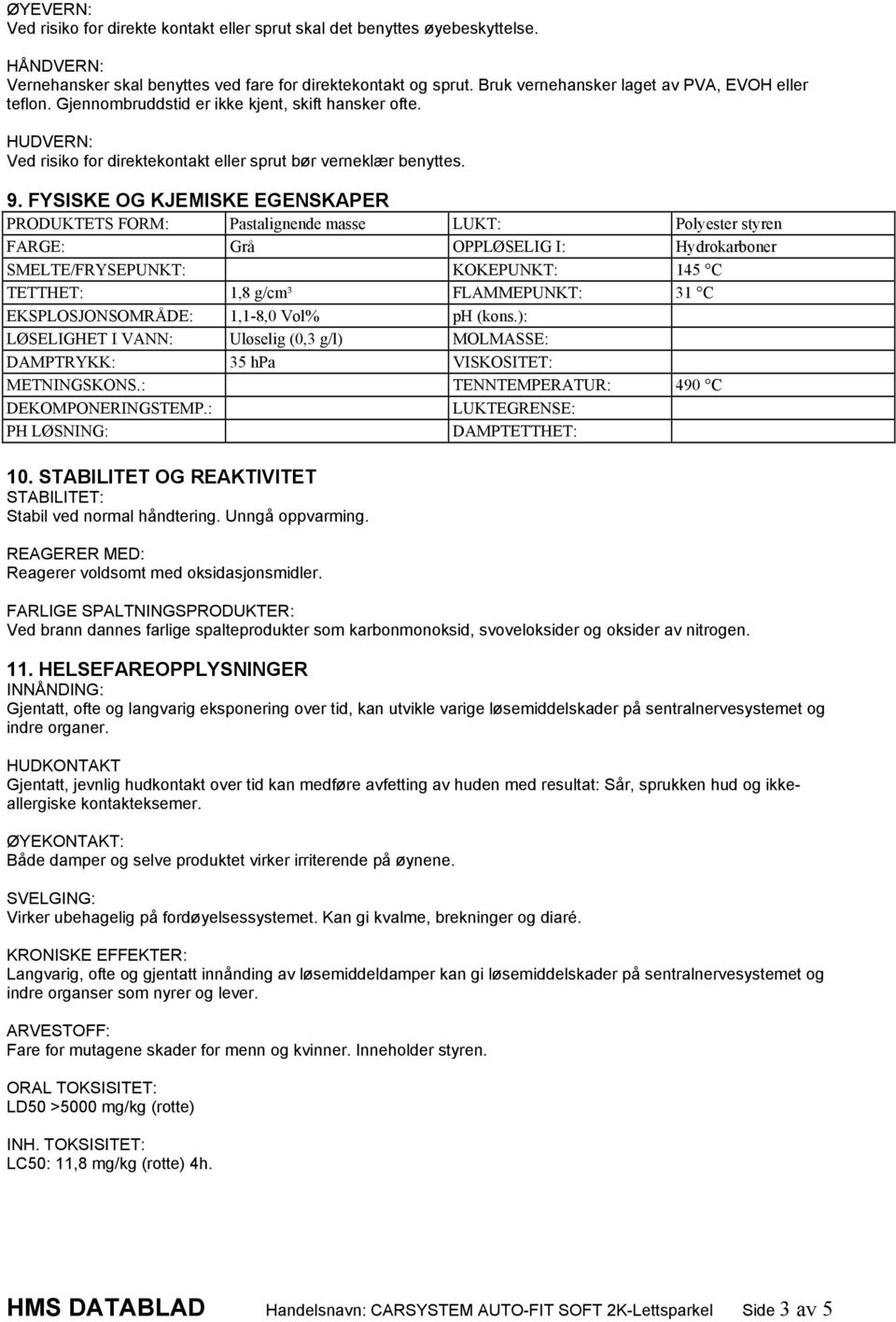 FYSISKE OG KJEMISKE EGENSKAPER PRODUKTETS FORM: Pastalignende masse LUKT: Polyester styren FARGE: Grå OPPLØSELIG I: Hydrokarboner SMELTE/FRYSEPUNKT: KOKEPUNKT: 145 C TETTHET: 1,8 g/cm³ FLAMMEPUNKT: