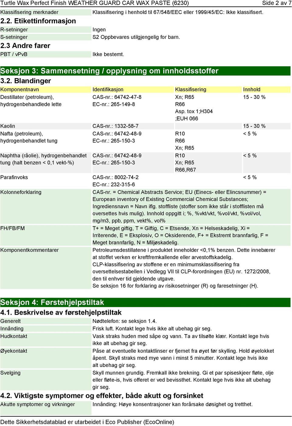 Seksjon 3: Sammensetning / opplysning om innholdsstoffer 3.2. Blandinger Komponentnavn Identifikasjon Klassifisering Innhold Destillater (petroleum), hydrogenbehandlede lette CAS-nr.