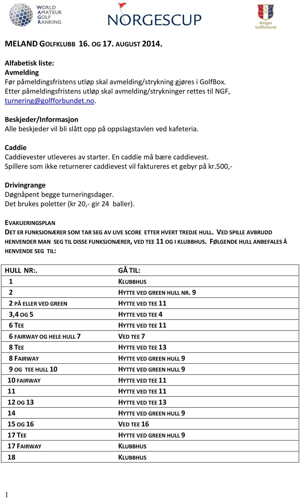 Caddie Caddievester utleveres av starter. En caddie må bære caddievest. Spillere som ikke returnerer caddievest vil faktureres et gebyr på kr.500,- Drivingrange Døgnåpent begge turneringsdager.